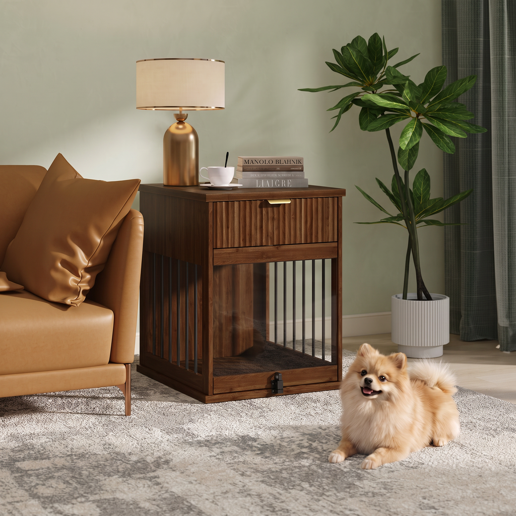 Dog Crate End Table with Charging Station and Storage - Oak/Tempered Glass
