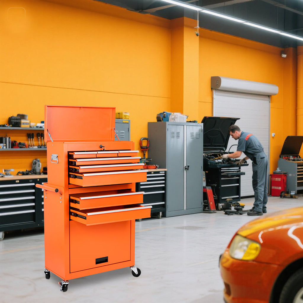8-Drawer Rolling Tool Storage Cabinet with Detachable Top - Orange