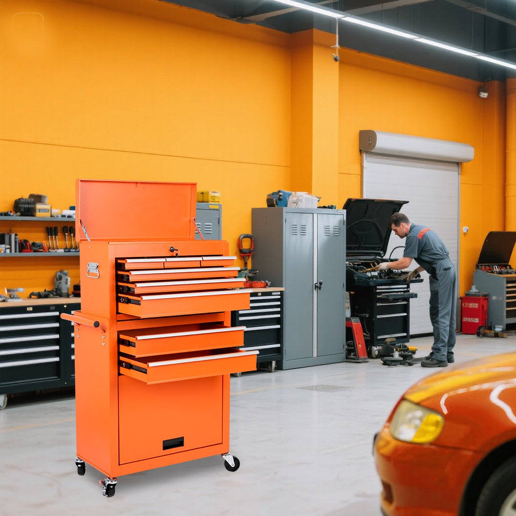 8-Drawer Rolling Tool Storage Cabinet with Detachable Top - Orange
