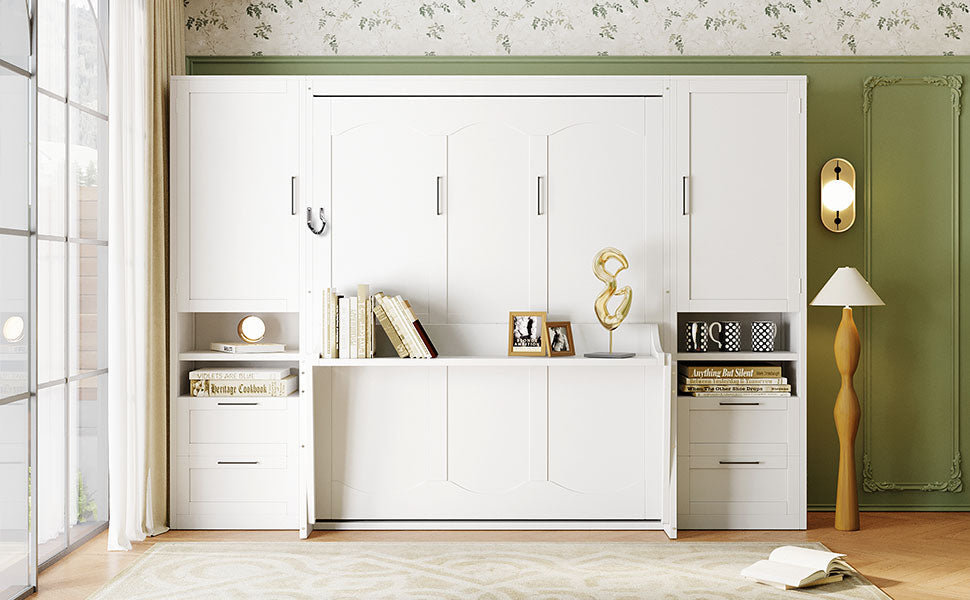 Queen Size Murphy Bed with Closet, Drawers and Shelves - White