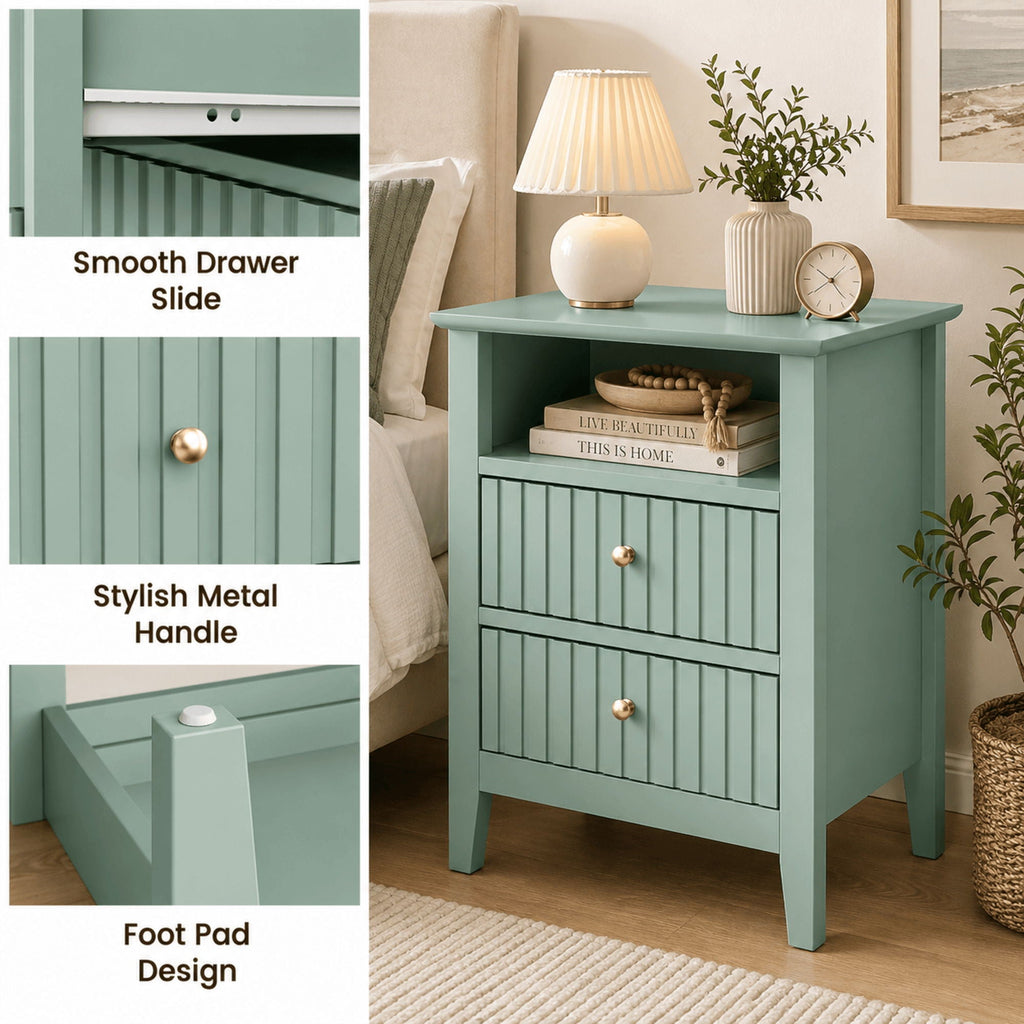 Fluted Nightstand with 2 Drawers and Soft-Close Slides - Multiple Colors