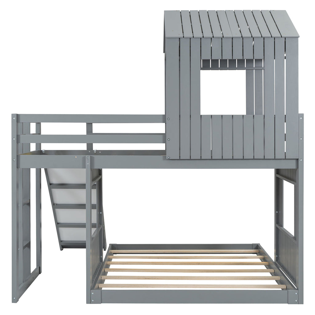 Loft Bunk Bed With Playhouse, Slide, and Guardrails - Twin Over Full