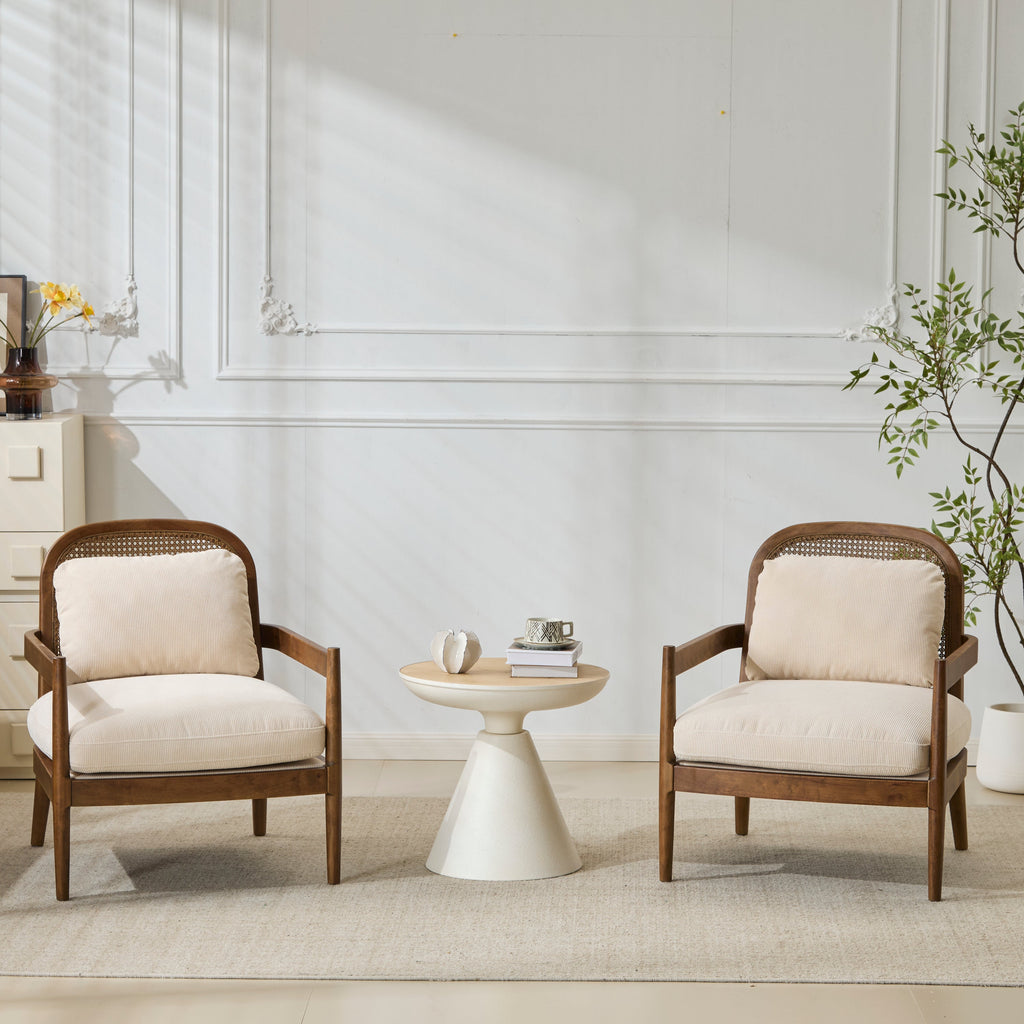Mid-Century Modern Accent Chairs with Solid Wood & Rattan Back - Set of 2