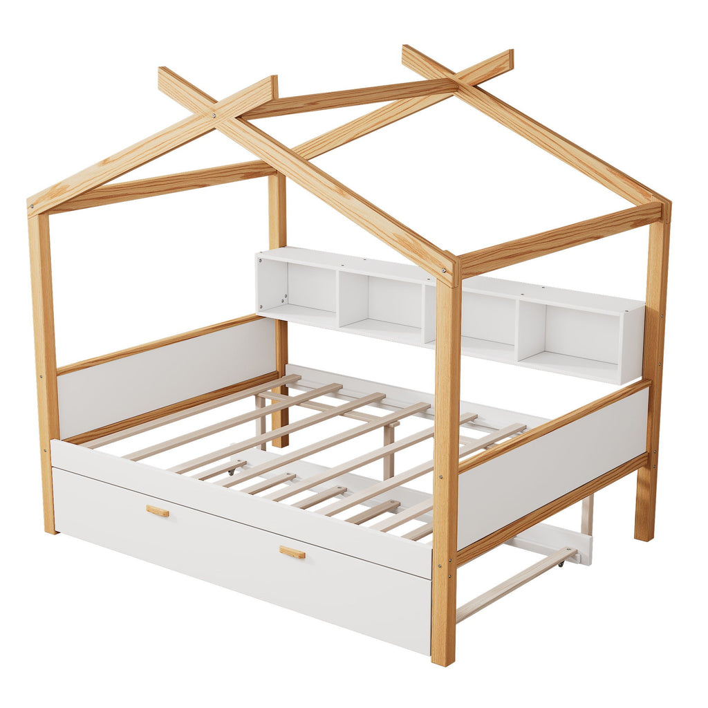 House Bed With Bookshelf Storage and Integrated Shelves - White