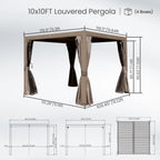 10x10 FT Outdoor Louvered Pergola with Adjustable Louvers - Brown