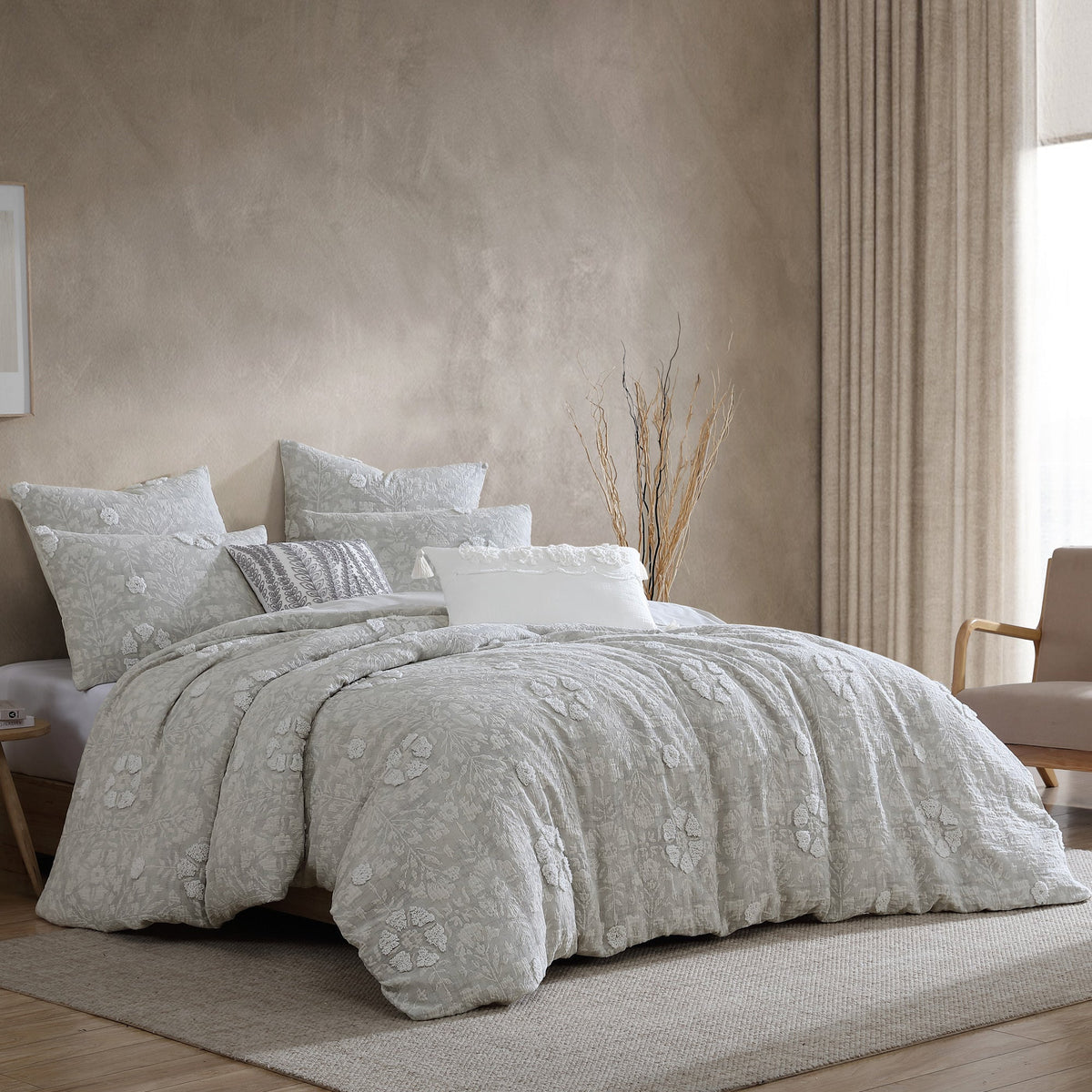 Textured Woven Jacquard Comforter Set with Cotton Face - Gray
