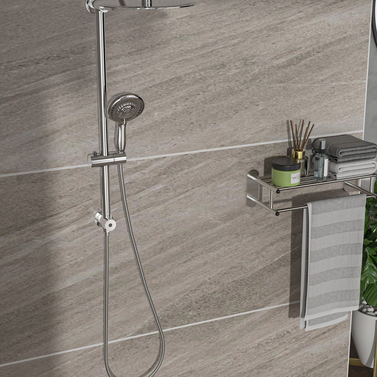 Shower System with 5 Function Rain Hand Shower and Slide Bar Combo - Pearl Silver, Gray, or Black