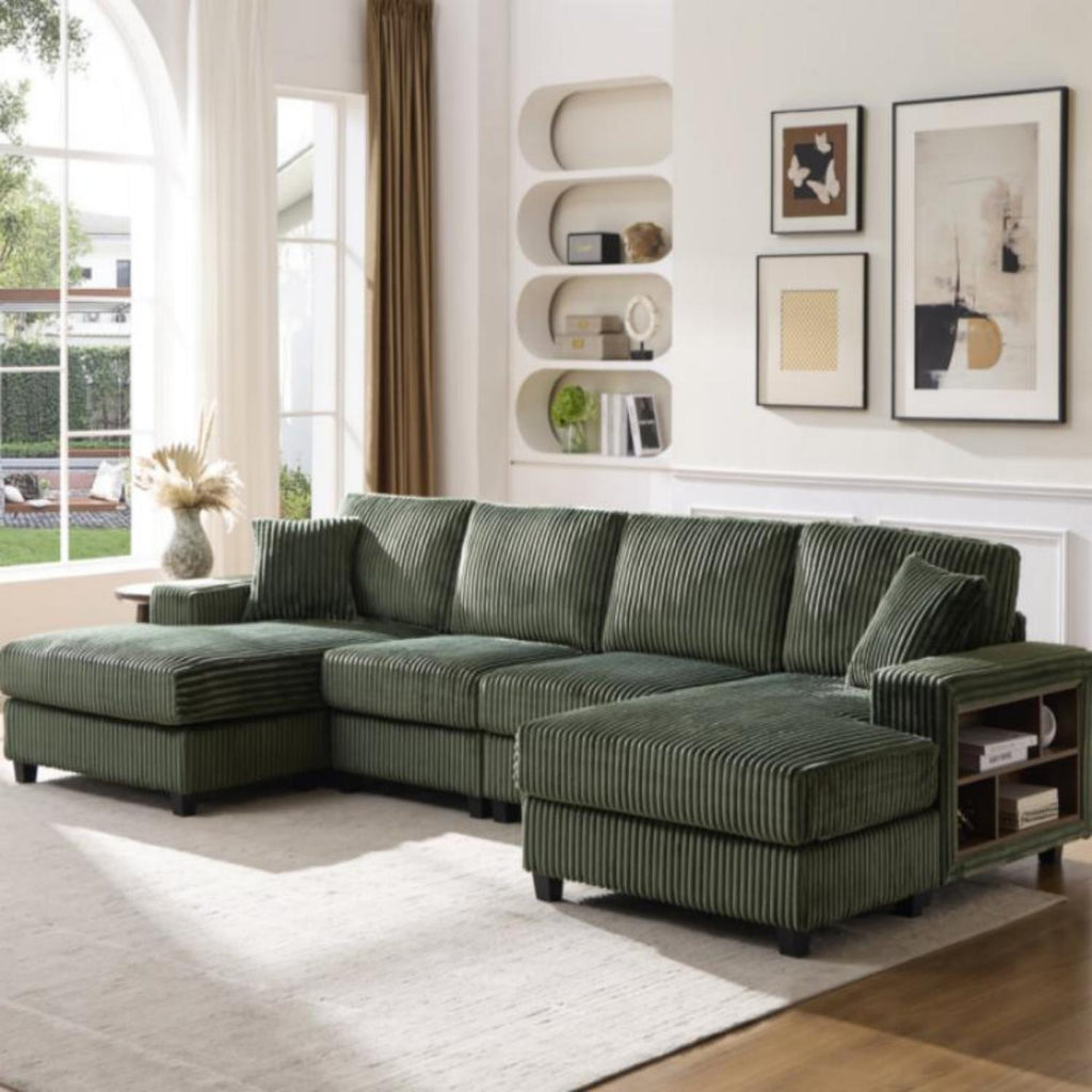 U-Shaped Convertible Sofa, 4 Seater Sectional with Storage Armrests - Multiple Colors