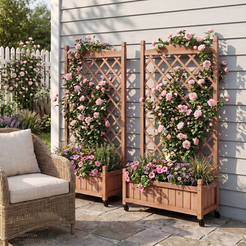 Raised Garden Bed with Trellis 2 Pack – Solid Wood Planter & Plant Stand, Brown