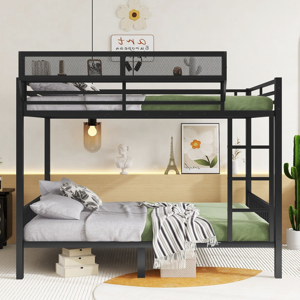 Queen Over Queen Bunk Bed with Storage Shelf and Ladder - Black