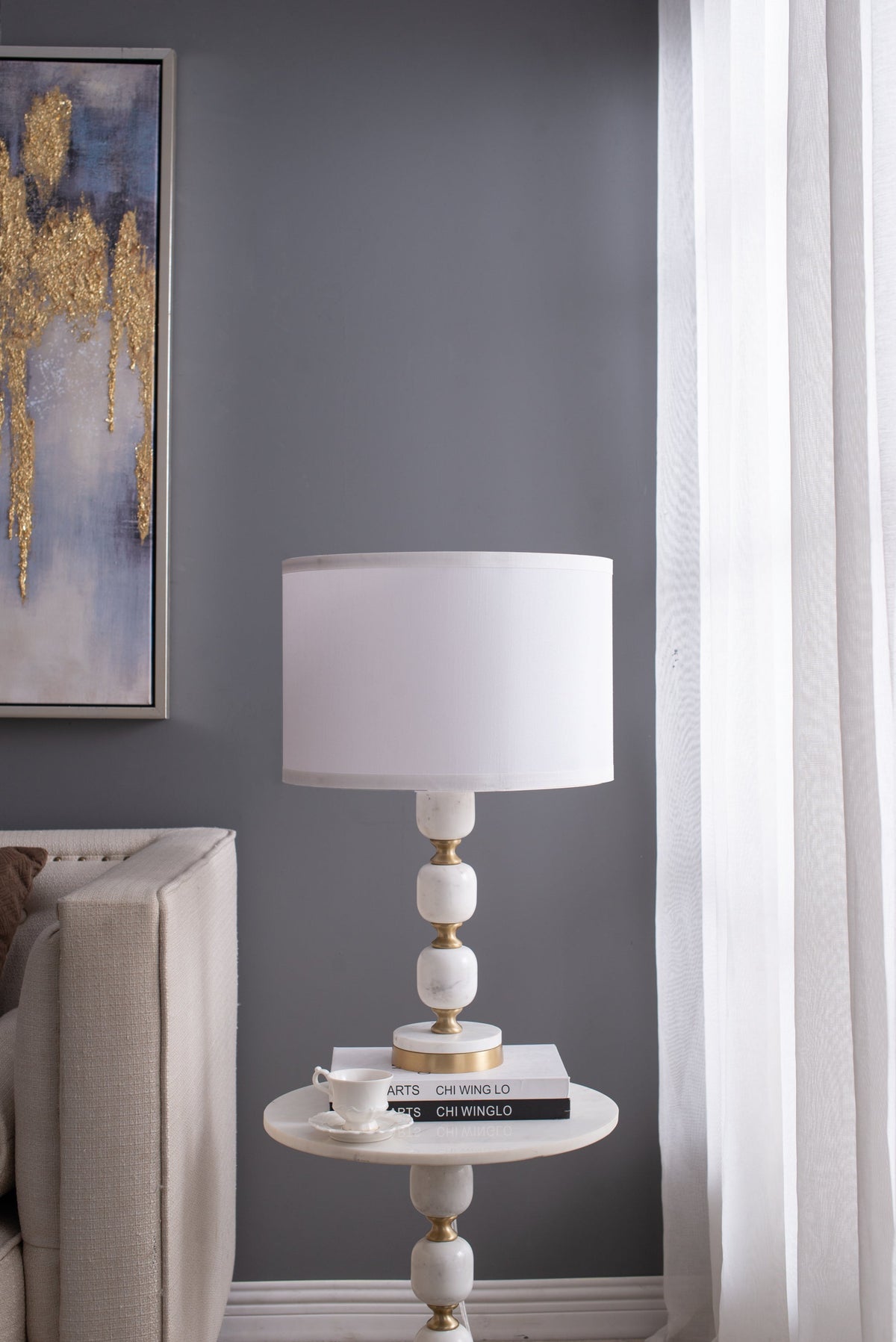 Marble Base Table Lamp with White Fabric Shade - 26.5"