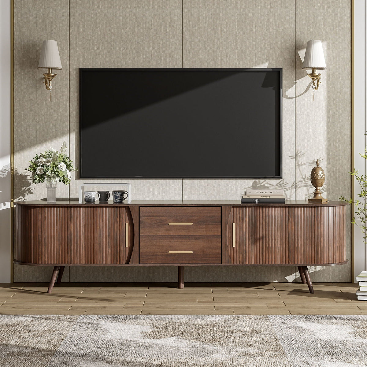 TV Stand Entertainment Center with Storage and Sliding Doors - Dark Brown