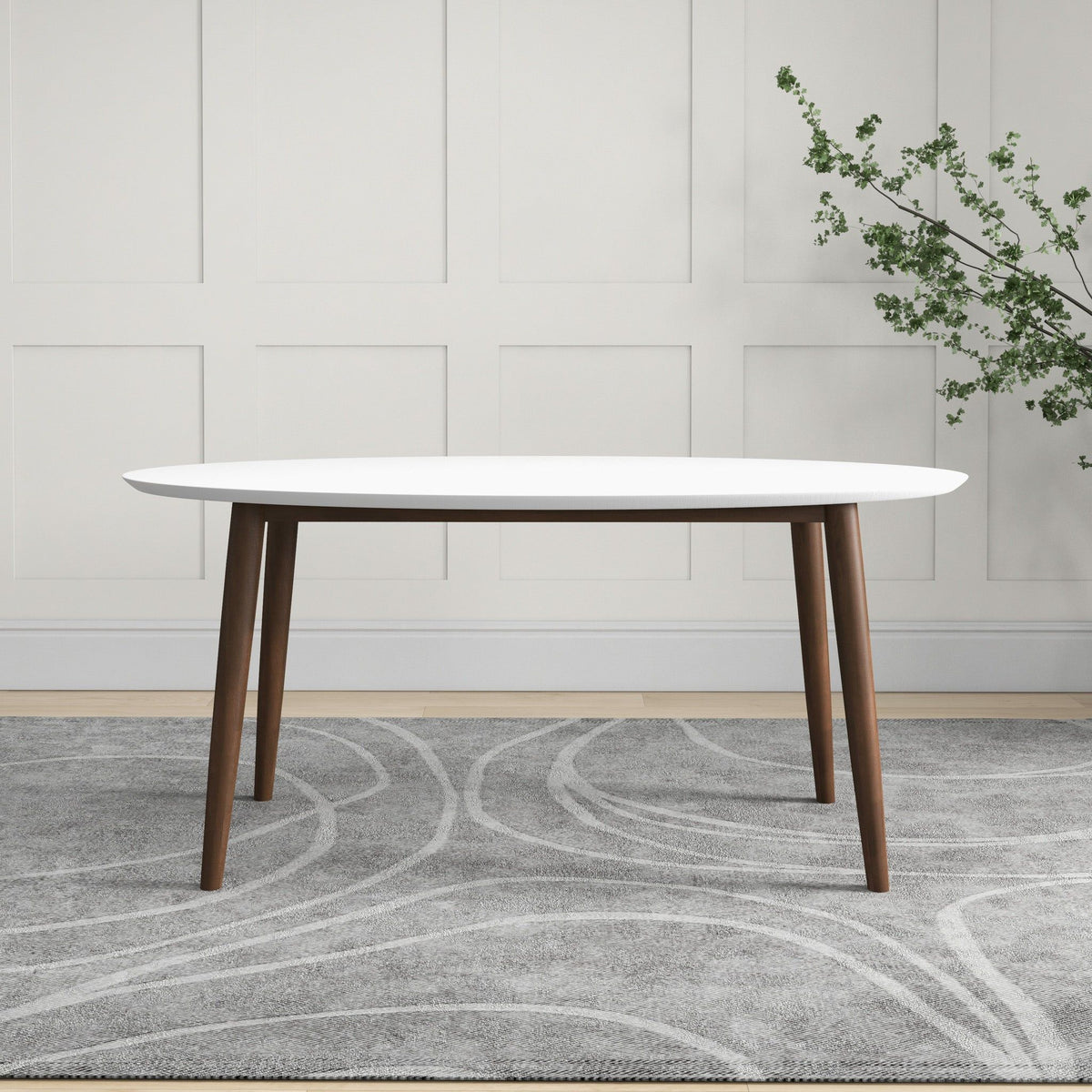 Mid-Century Modern Oval Dining Table with Solid Wood Construction - White