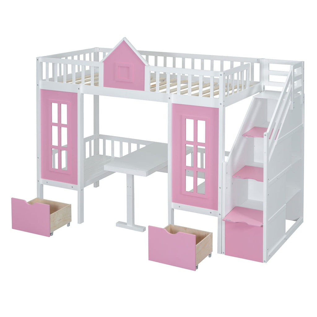 Twin Over Twin Bunk Bed with Convertible Desk - Pink or White