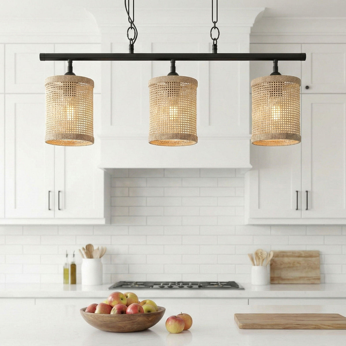 Elysian - 3 Lights Island With Natural Shade Farmhouse Chain Ceiling Lamp