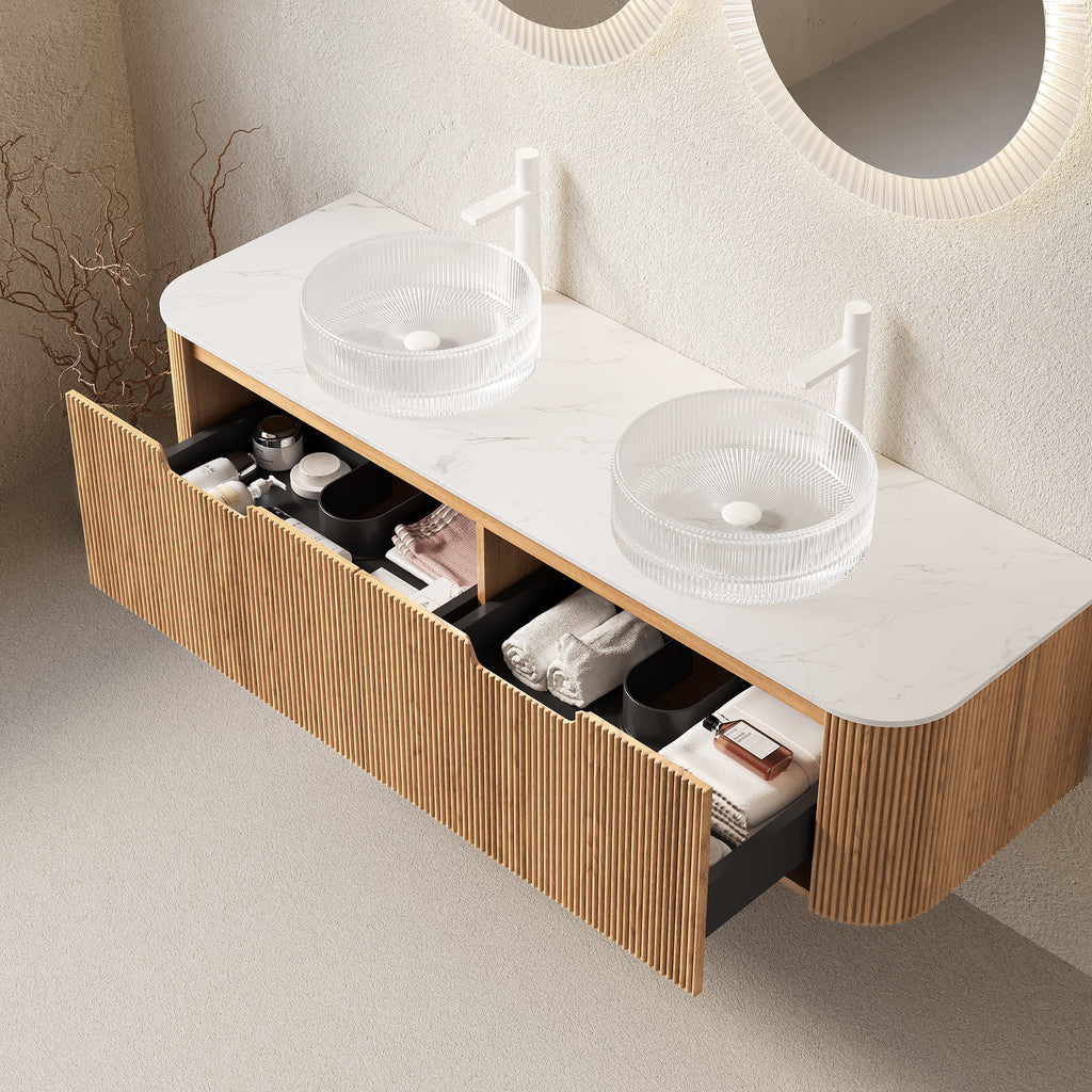 Floating Curved Edge Bathroom Vanity with Glass Basins - 60 Inch