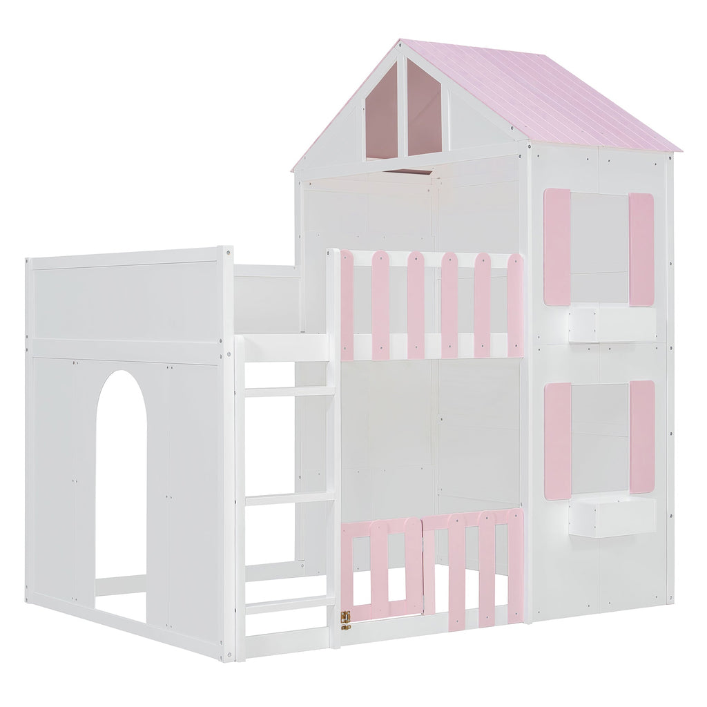 Full Over Full House Bunk Bed with Storage - Pink