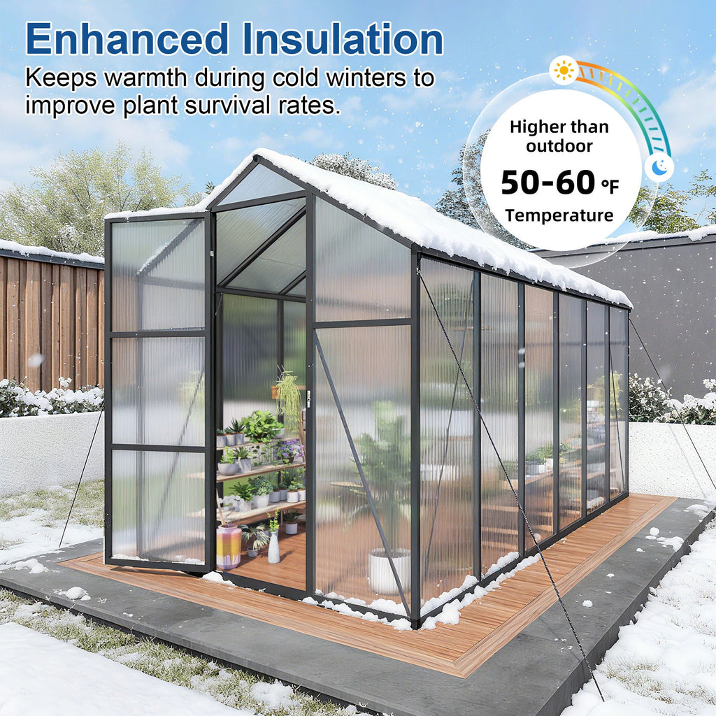 Windproof Greenhouse with Raised Base - Polycarbonate Panels - Black