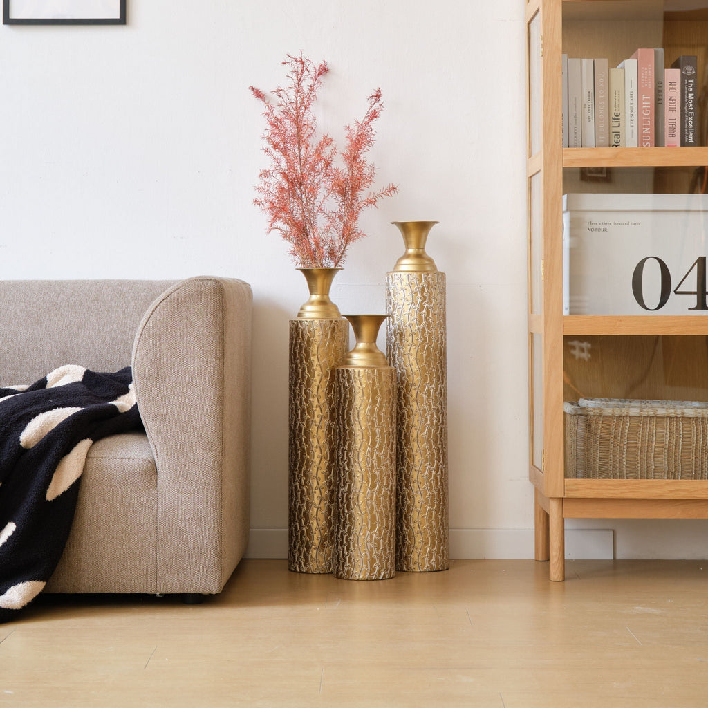 Gold Metal Floor Vases Set with Vine Pattern – Set of 3