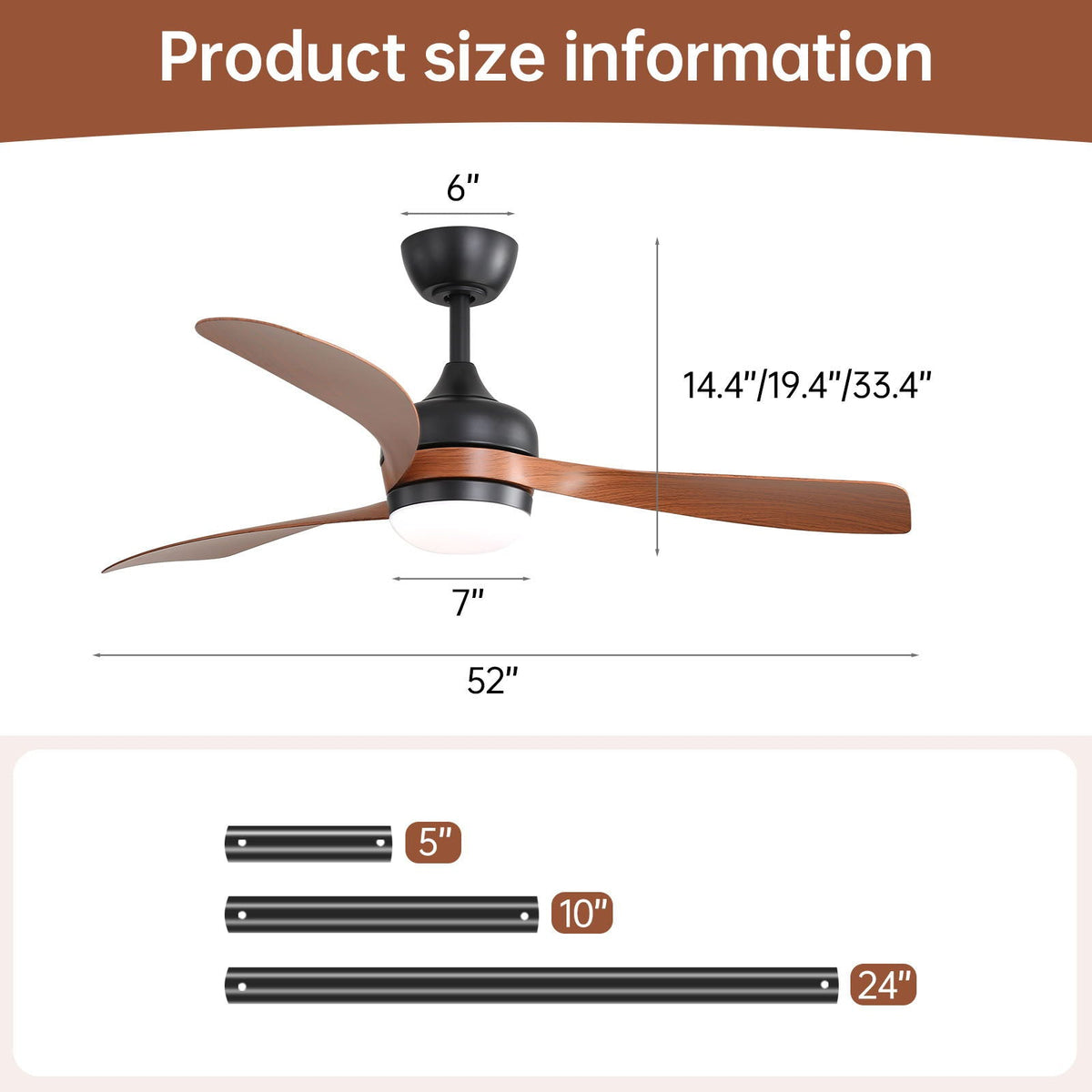 Ceiling Fan with Reversible DC Motor and Remote Control - White or Dark Brown