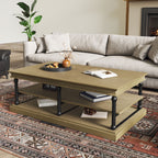 Wood Coffee Table with Black Legs and Open Storage Shelves - Brown