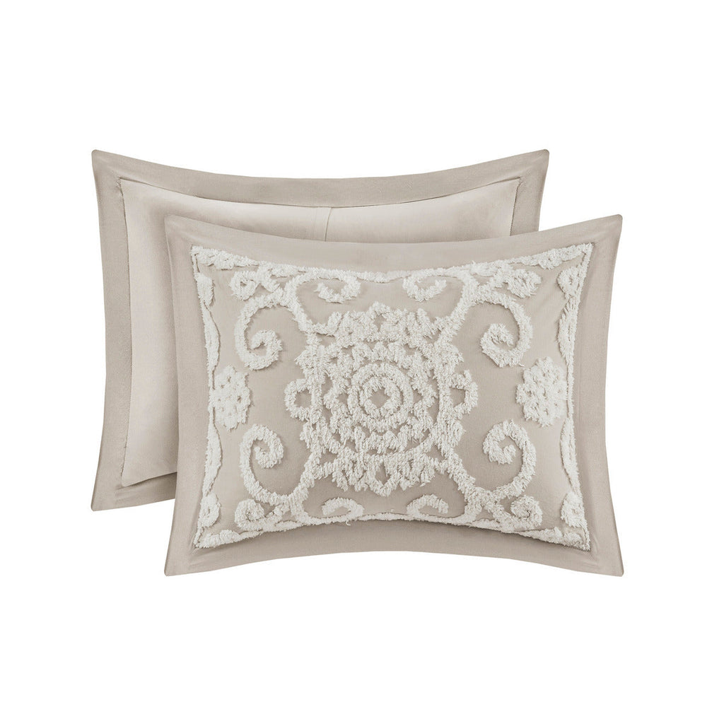 Taupe Cotton Comforter Mini Set with Tufted Chenille Embroidery - King