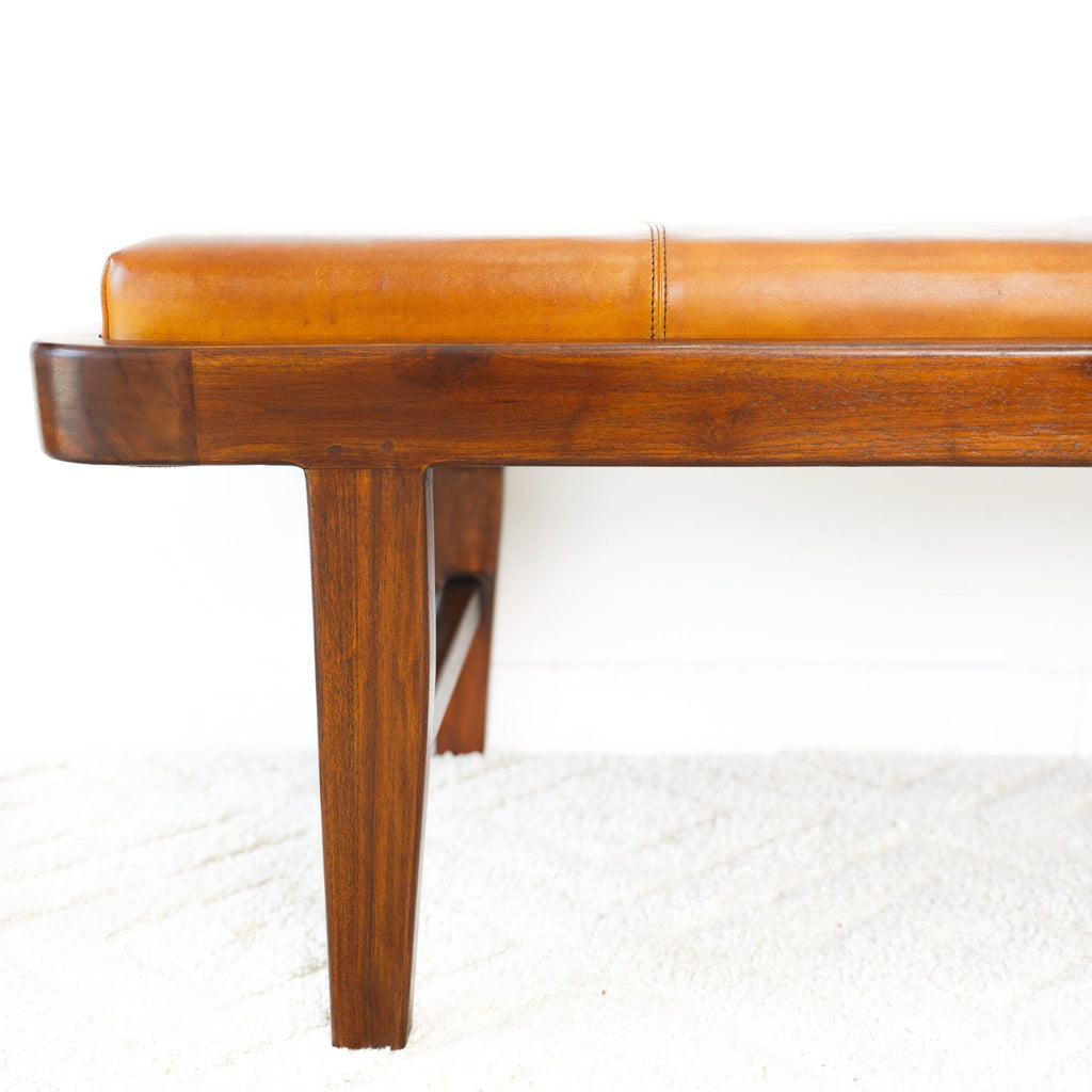 Rustic Upholstered Bench with Genuine Leather Cushion - Tan