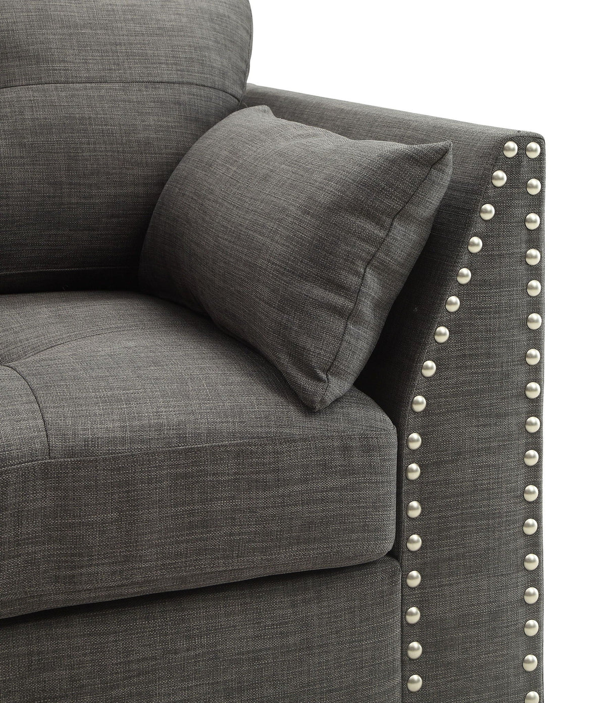 Light Charcoal Arm Chair with 3 Pillows and Nailhead Trim