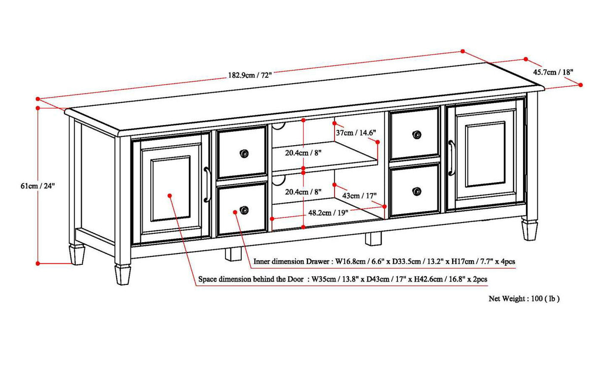 Wide Solid Wood TV Stand with Ample Storage - Dark Brown, White, Gray