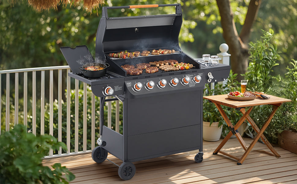 6 Burner Gas Grill with Side Burner - Black