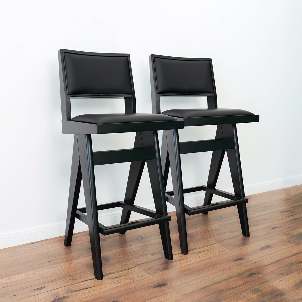 Black Bar Stools Set of 2 with Full Back Support - PU Leather