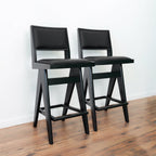 Black Bar Stools Set of 2 with Full Back Support - PU Leather