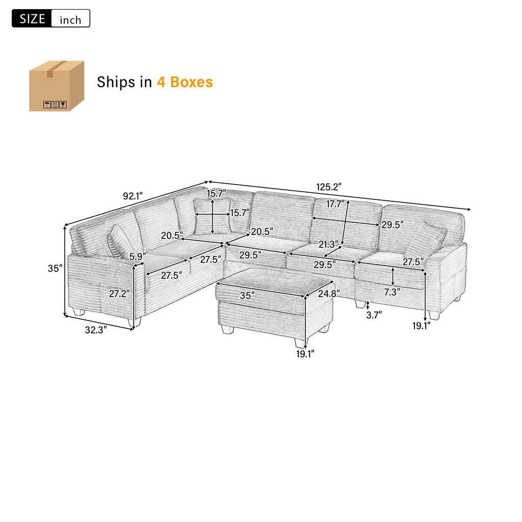 U-Shaped Upholstered Sectional Sofa with Movable Ottoman