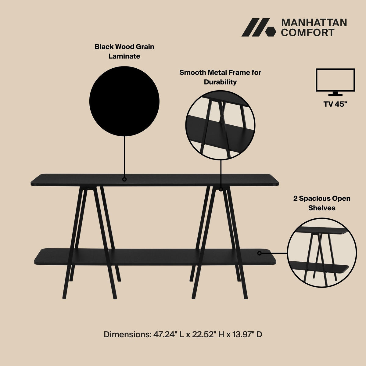 Modern Console Table with Carbon Steel Legs - Gray, White, Black