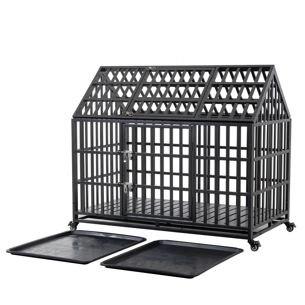 Heavy Duty Dog Crate with Lockable Wheels - Black