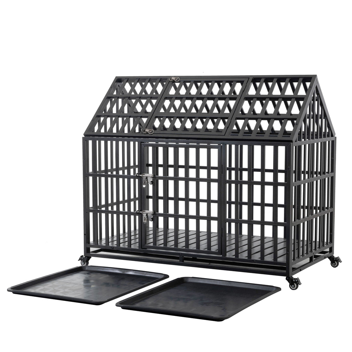 Heavy Duty Dog Crate with Lockable Wheels - Black