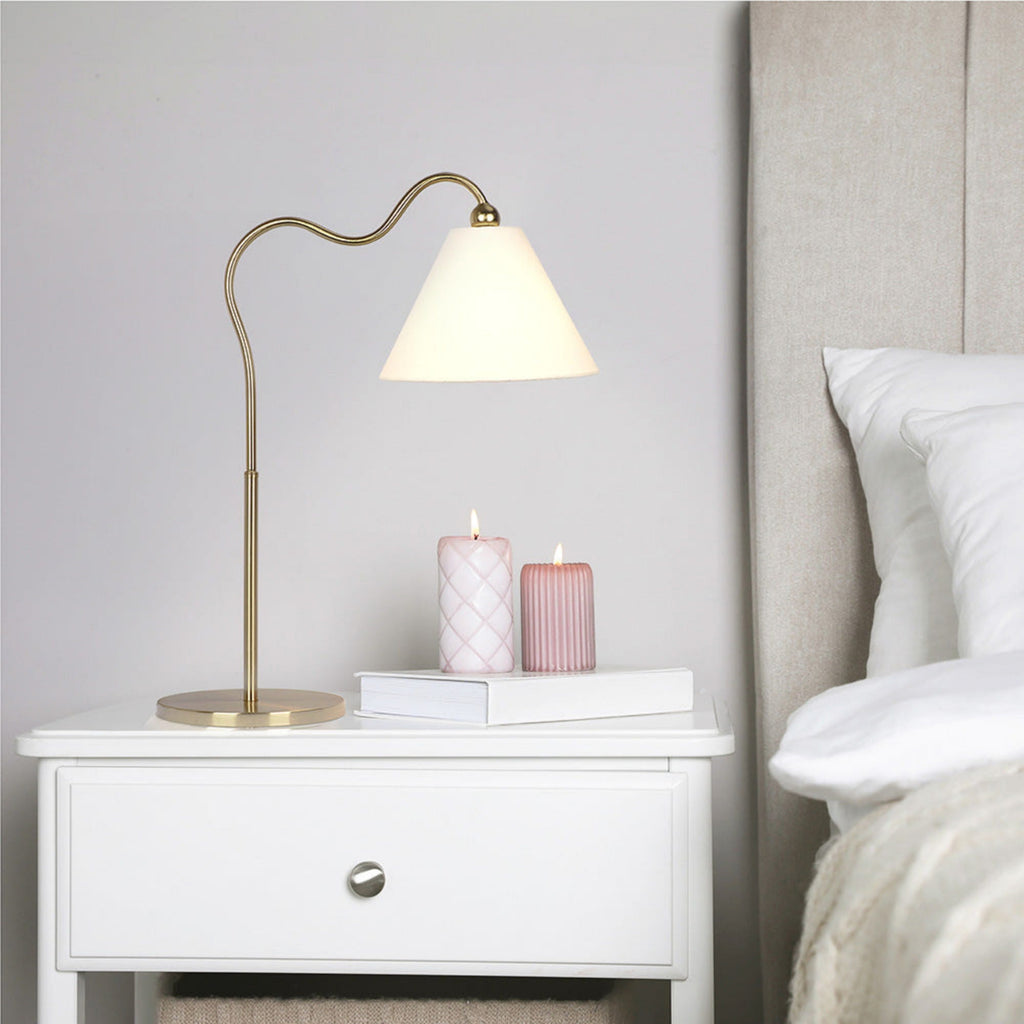 Ornate Ring Base Curved Table Lamp with Triangle Drum Shade - Gold / White