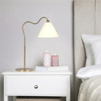 Ornate Ring Base Curved Table Lamp with Triangle Drum Shade - Gold / White