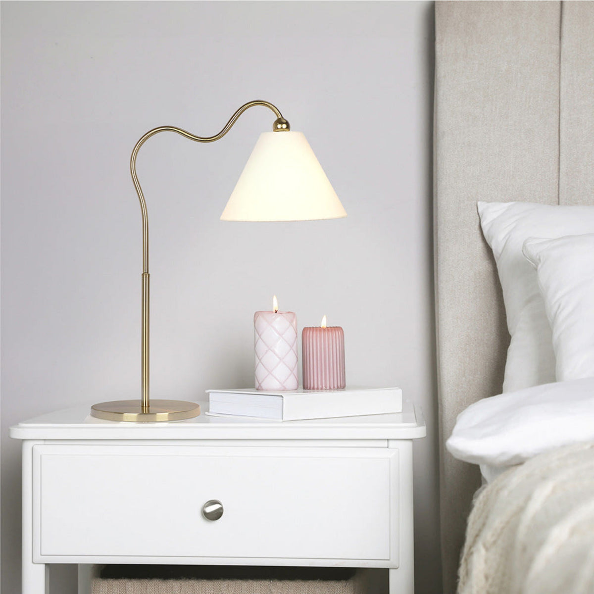 Ornate Ring Base Curved Table Lamp with Triangle Drum Shade - Gold / White