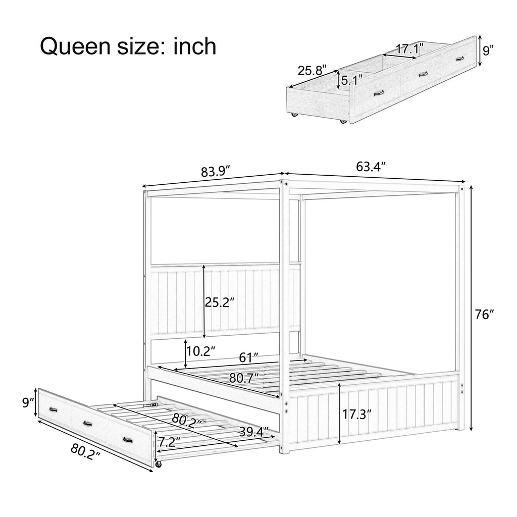 Canopy Platform Bed with Trundle and 3 Storage Drawers - Queen, Solid Pine