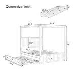 Canopy Platform Bed with Trundle and 3 Storage Drawers - Queen, Solid Pine