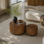 Round Nesting Coffee Table Set of 2 with Vertical Slatted Design - Walnut Brown or Natural Wood