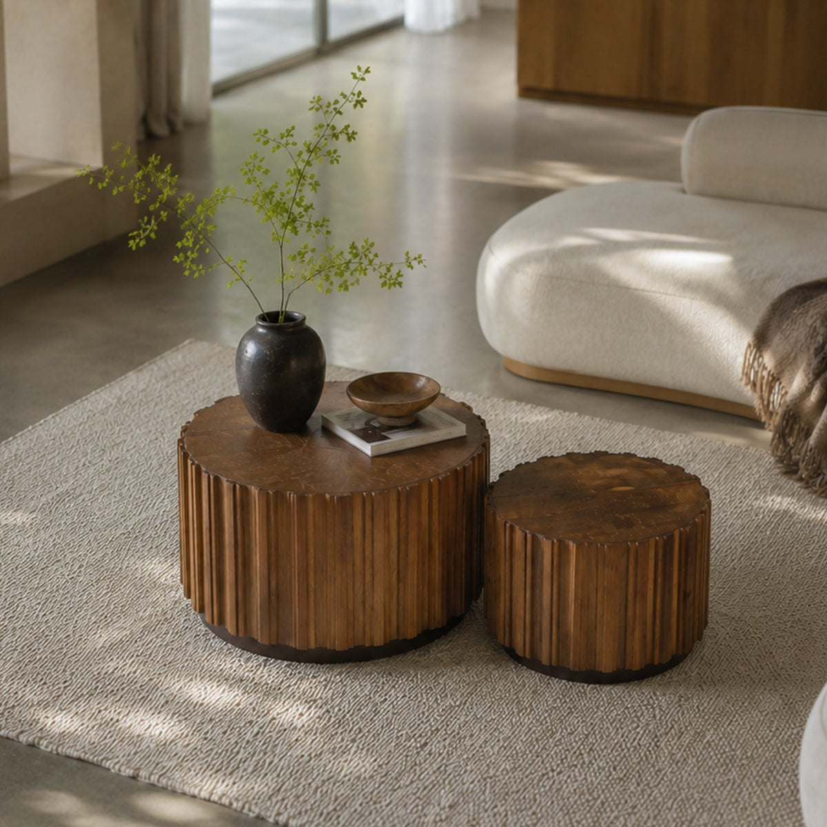 Round Nesting Coffee Table Set of 2 with Vertical Slatted Design - Walnut Brown or Natural Wood