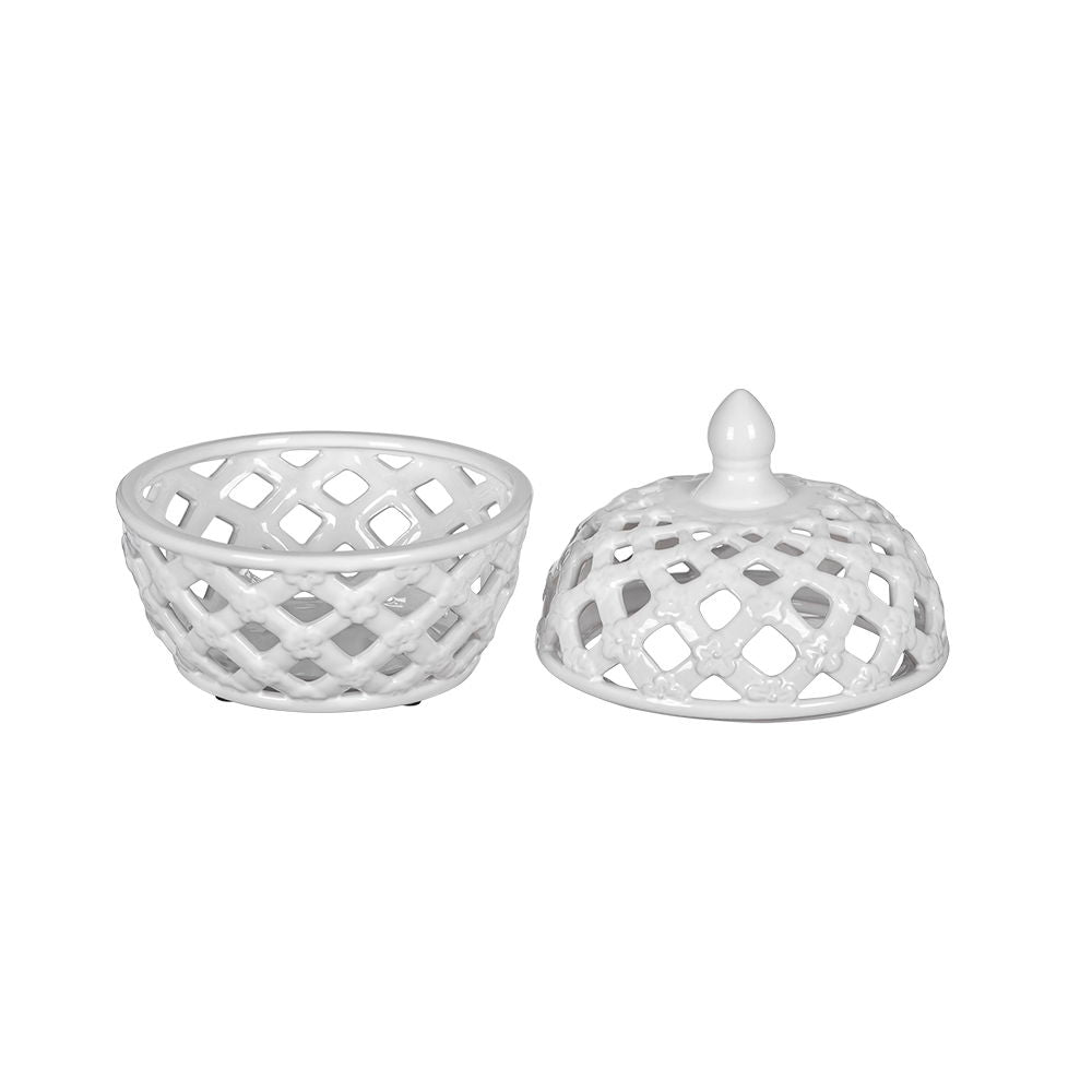 Ceramic Lidded Jar with Lattice Design - White