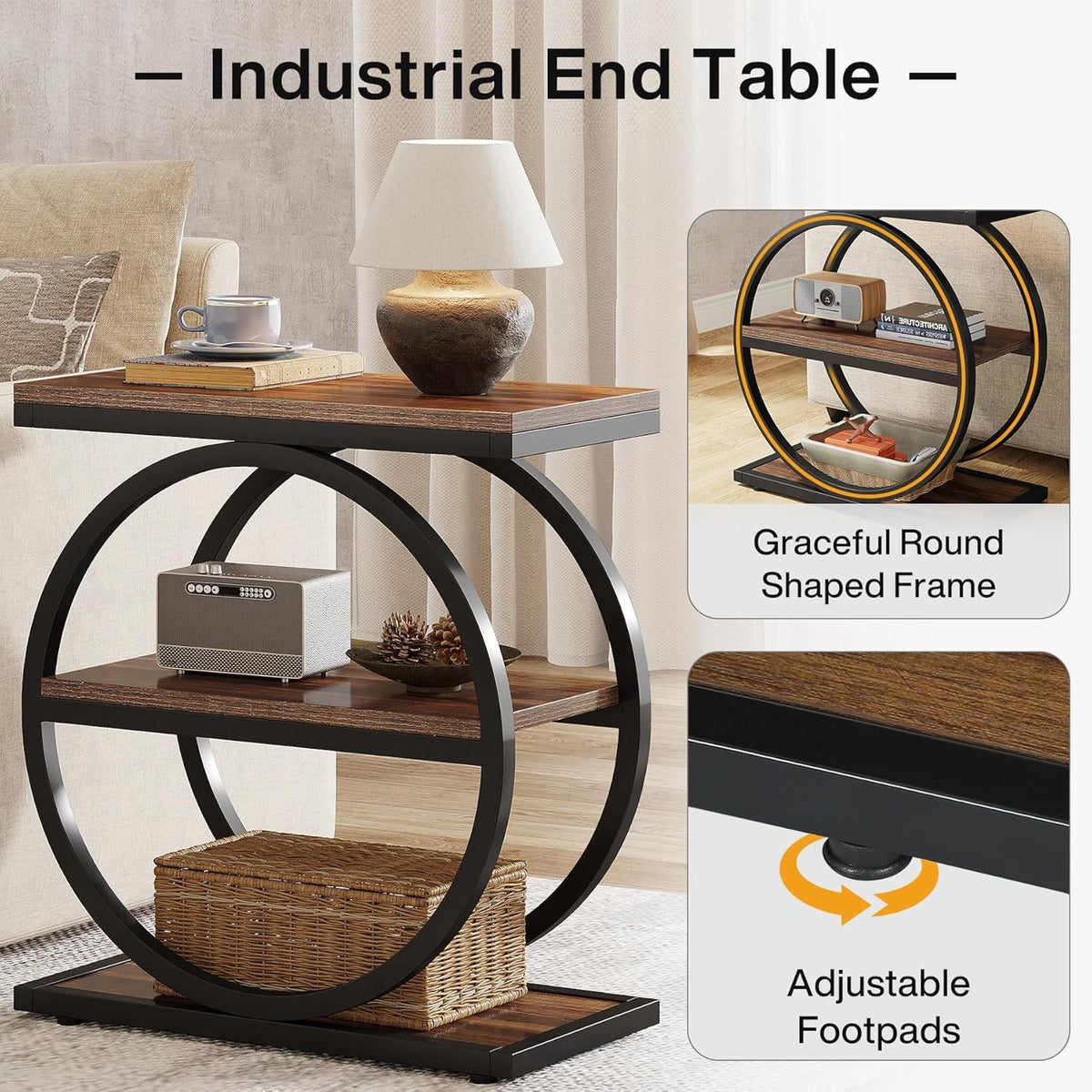 Slim End Tables with 3 Shelves, Compact (Set of 2) - Brown