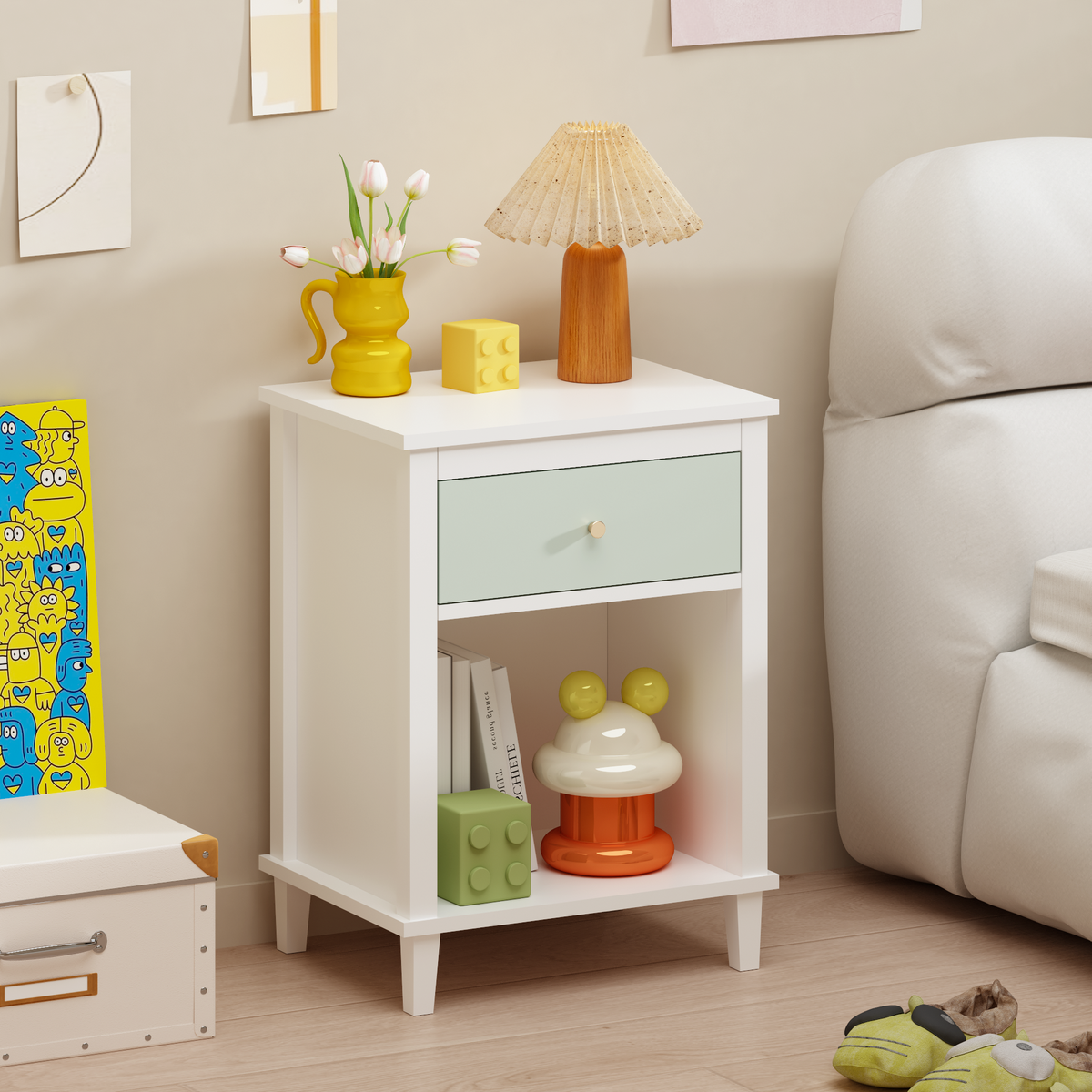 26.77''H Wooden Nightstand with Drawer and Shelf - Sage