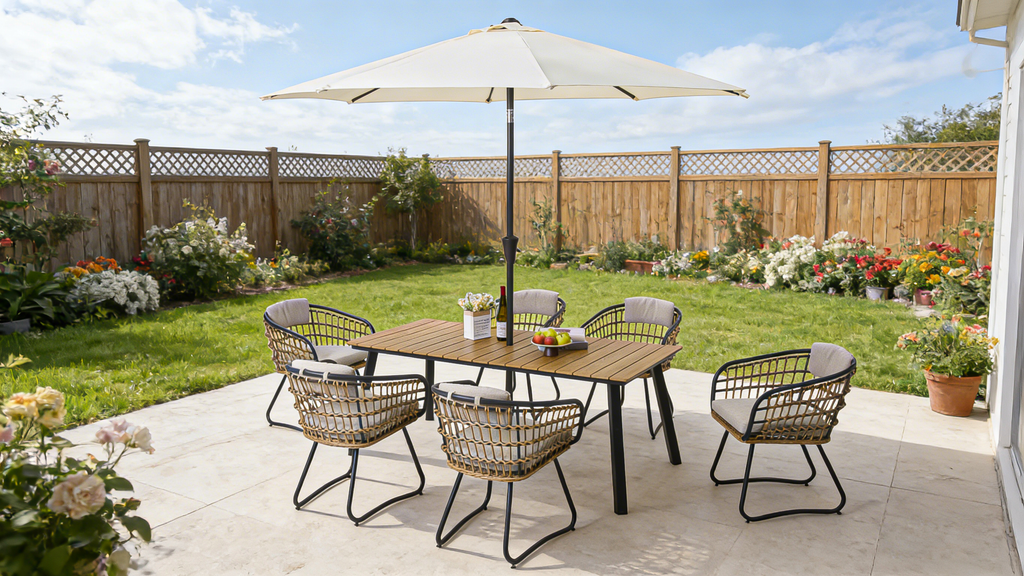 7-Piece Outdoor Wicker Dining Set with Wood-Plastic Composite Table - Yellow