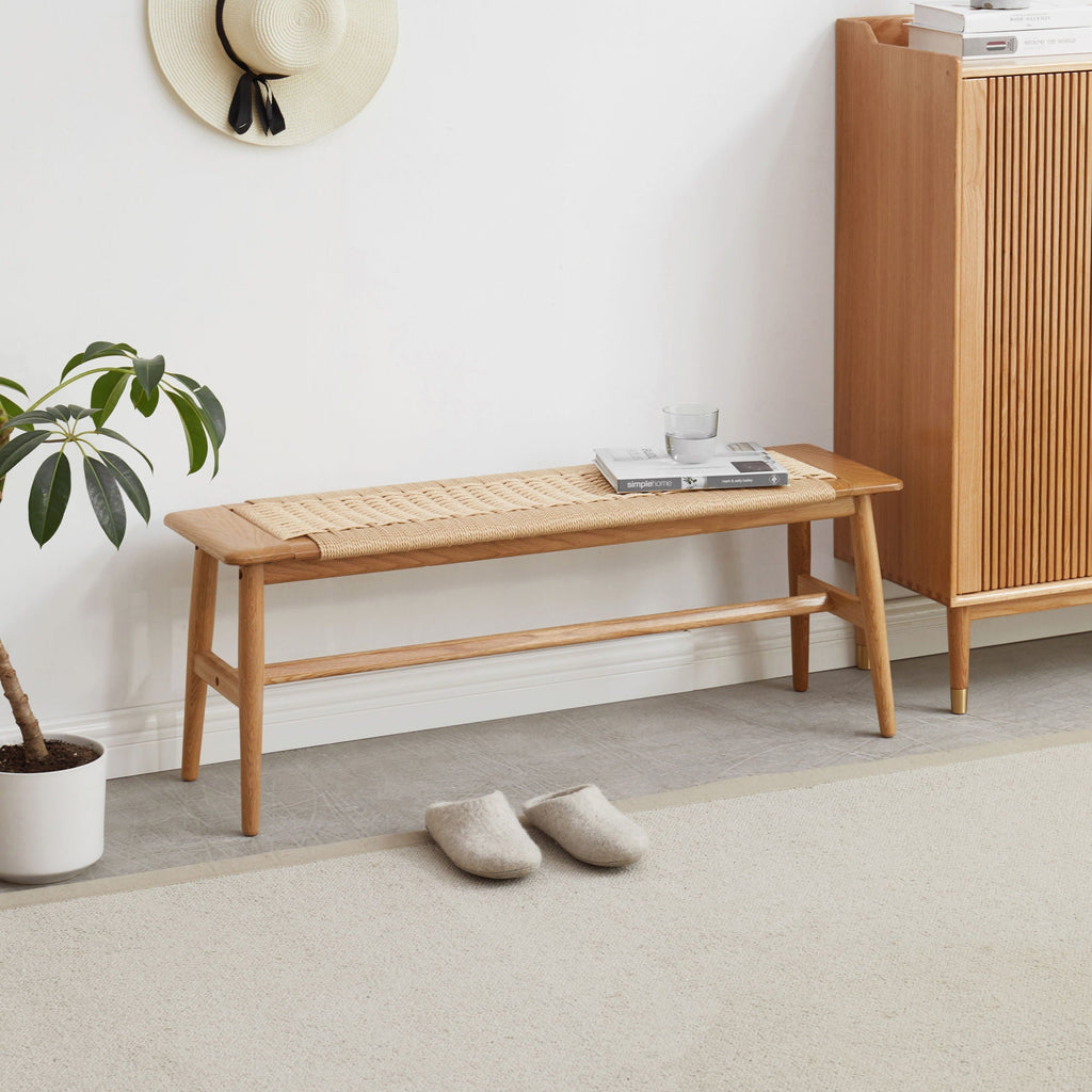 Woven Design Dining Bench with Cane Seat - Natural Oak