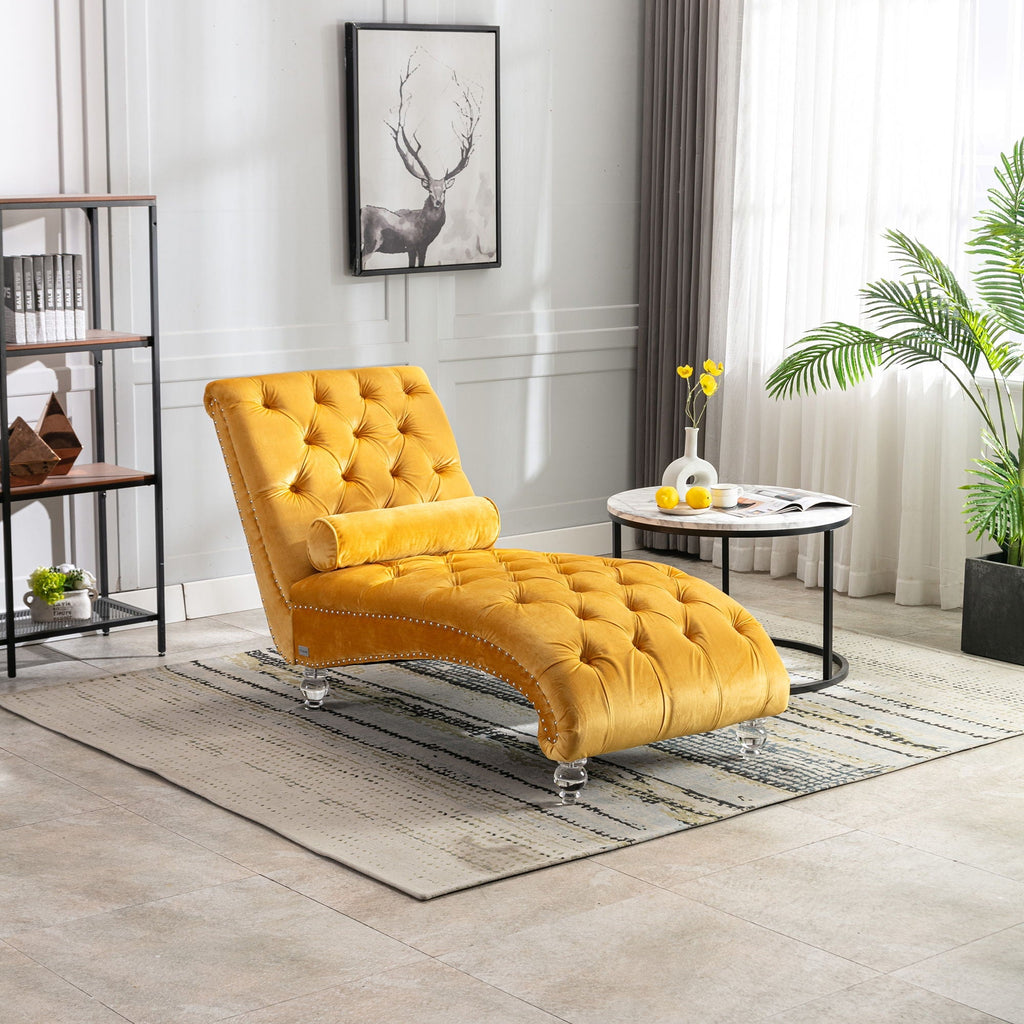 Velvet Button Tufted Chaise Lounge with Pillow - Multiple Colors