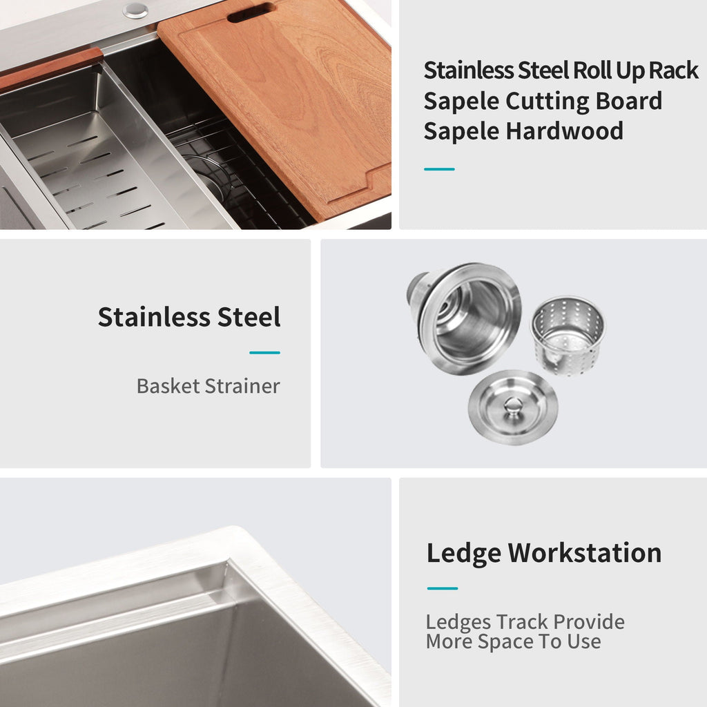 Stainless Steel Drop In Kitchen Sink with Workstation - Gray or Gold